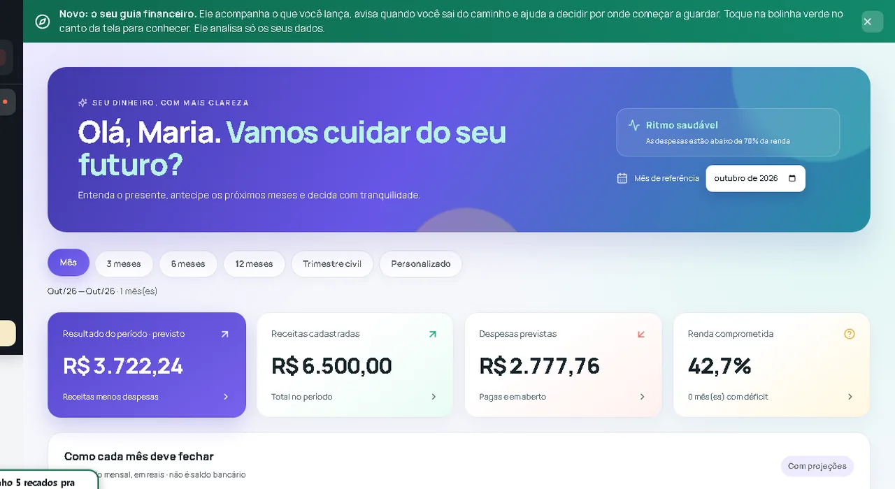 Painel de finanças com resultado do período, receitas e despesas